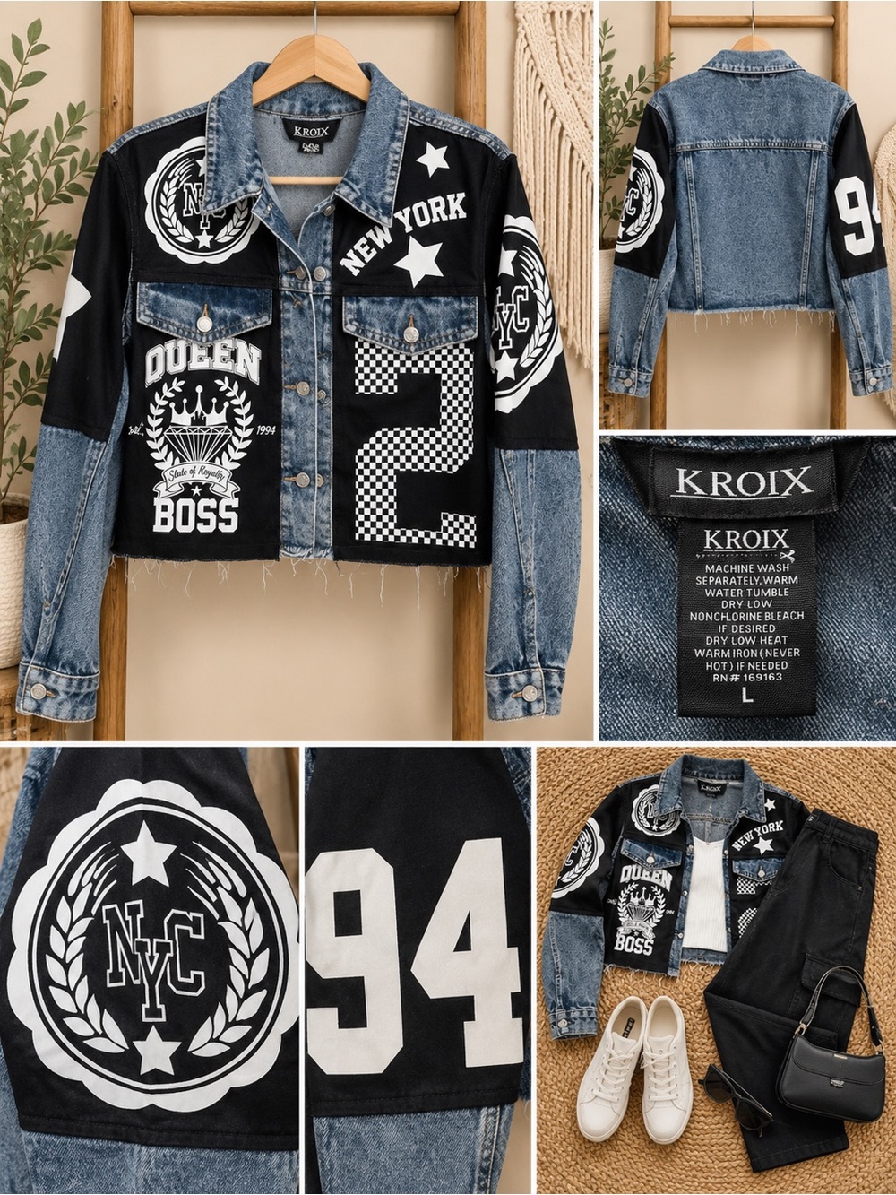 NWT Kroix Cropped Denim Graphic Jacket Size Large NYC Queen Boss Streetwear Y2K